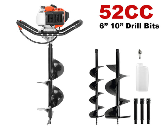 52cc Gas Powered Post Hole Digger – 1450W Earth Auger with 6" and 10" Drill Bits and Extension Rods