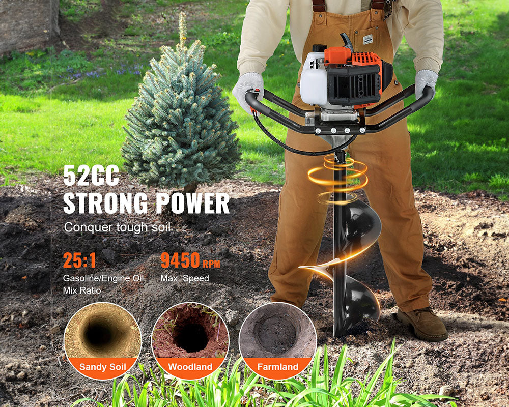 52cc Gas Powered Post Hole Digger – 1450W Earth Auger with 6" and 10" Drill Bits and Extension Rods
