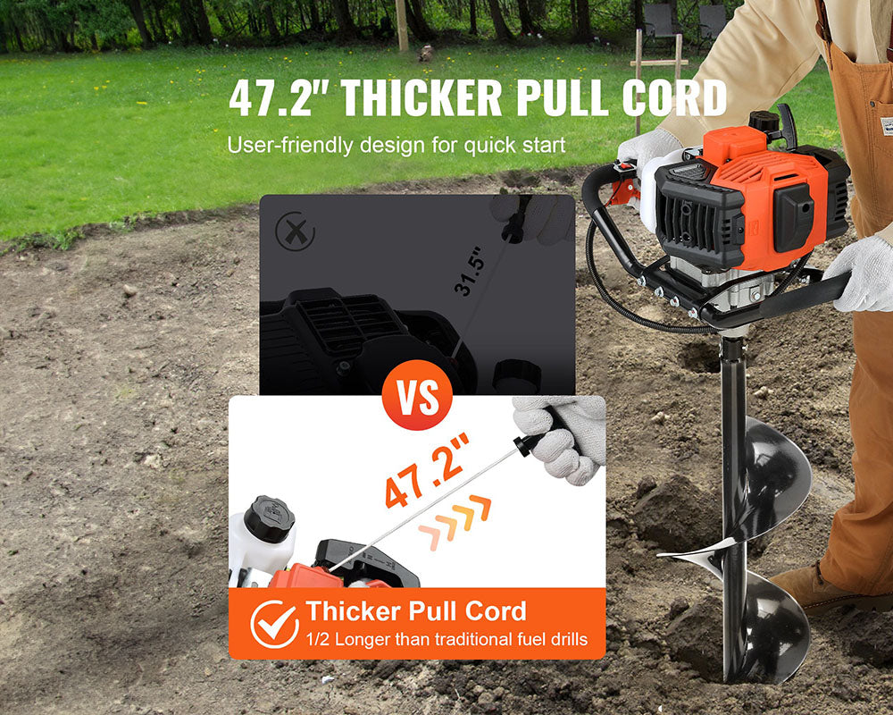 52cc Gas Powered Post Hole Digger – 1450W Earth Auger with 6" and 10" Drill Bits and Extension Rods