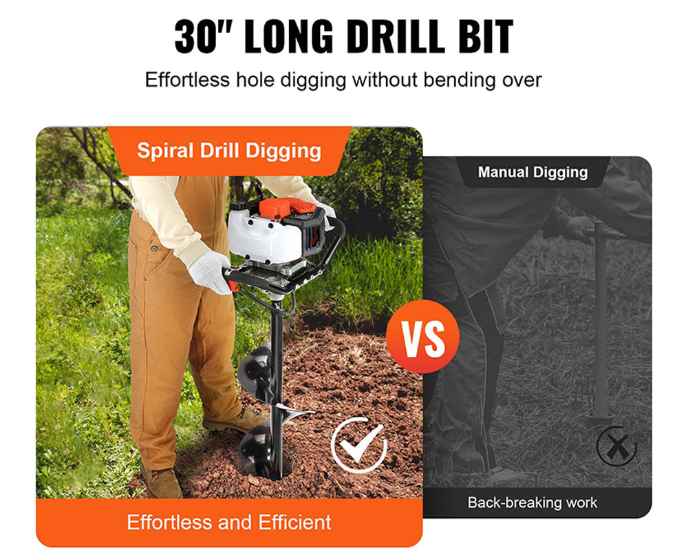 52cc Gas Powered Post Hole Digger – 1450W Earth Auger with 6" and 10" Drill Bits and Extension Rods