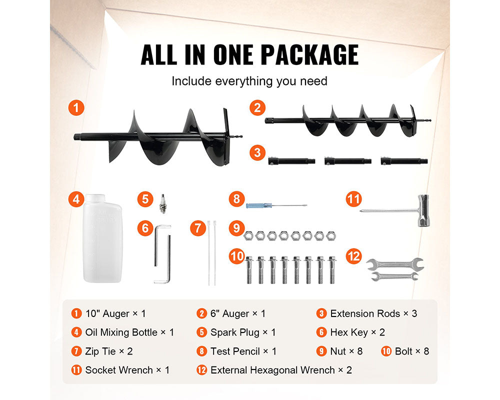 52cc Gas Powered Post Hole Digger – 1450W Earth Auger with 6" and 10" Drill Bits and Extension Rods