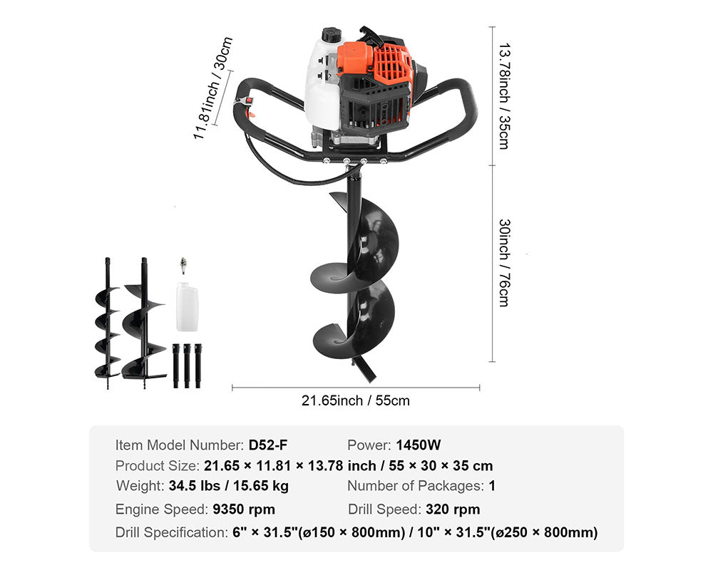 52cc Gas Powered Post Hole Digger – 1450W Earth Auger with 6" and 10" Drill Bits and Extension Rods