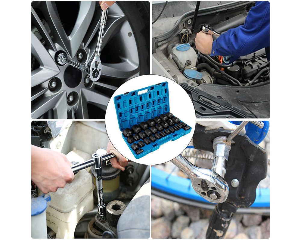 3/4 Inches 29-Piece Impact Socket Set – 6-Point, CR-M0 Construction, Rugged Design, with Storage Cage