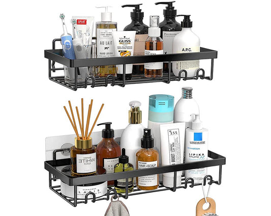 Shower Caddy Shelf Organizer Rack - 2 Pack Self-Adhesive Black Bathroom Shelves with Hooks