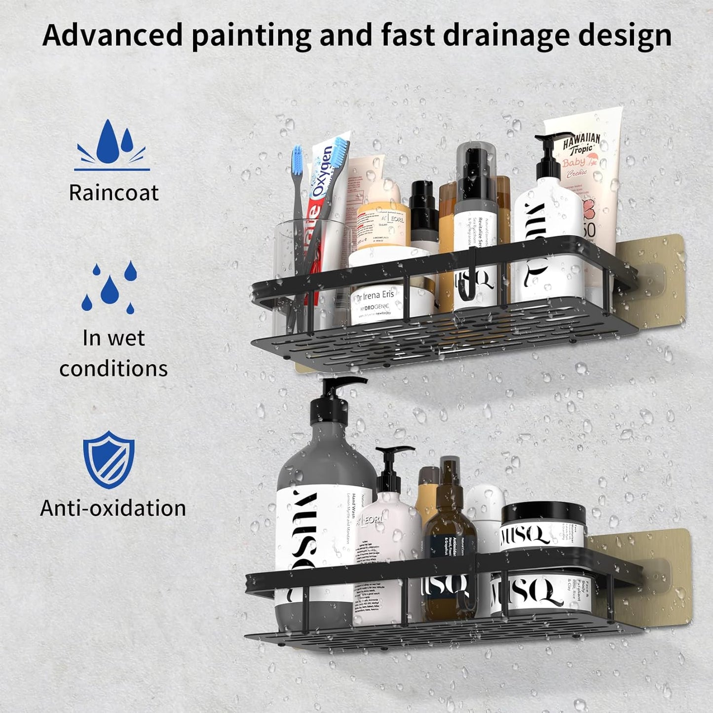 Shower Caddy Shelf Organizer Rack - 2 Pack Self-Adhesive Black Bathroom Shelves with Hooks