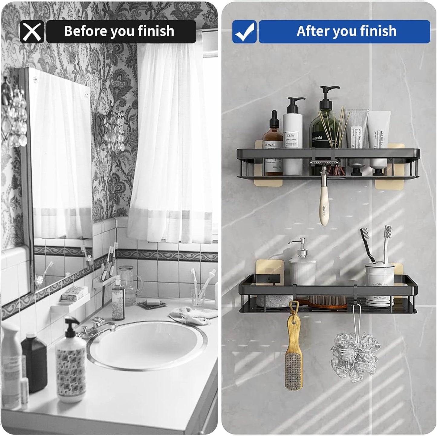 Shower Caddy Shelf Organizer Rack - 2 Pack Self-Adhesive Black Bathroom Shelves with Hooks