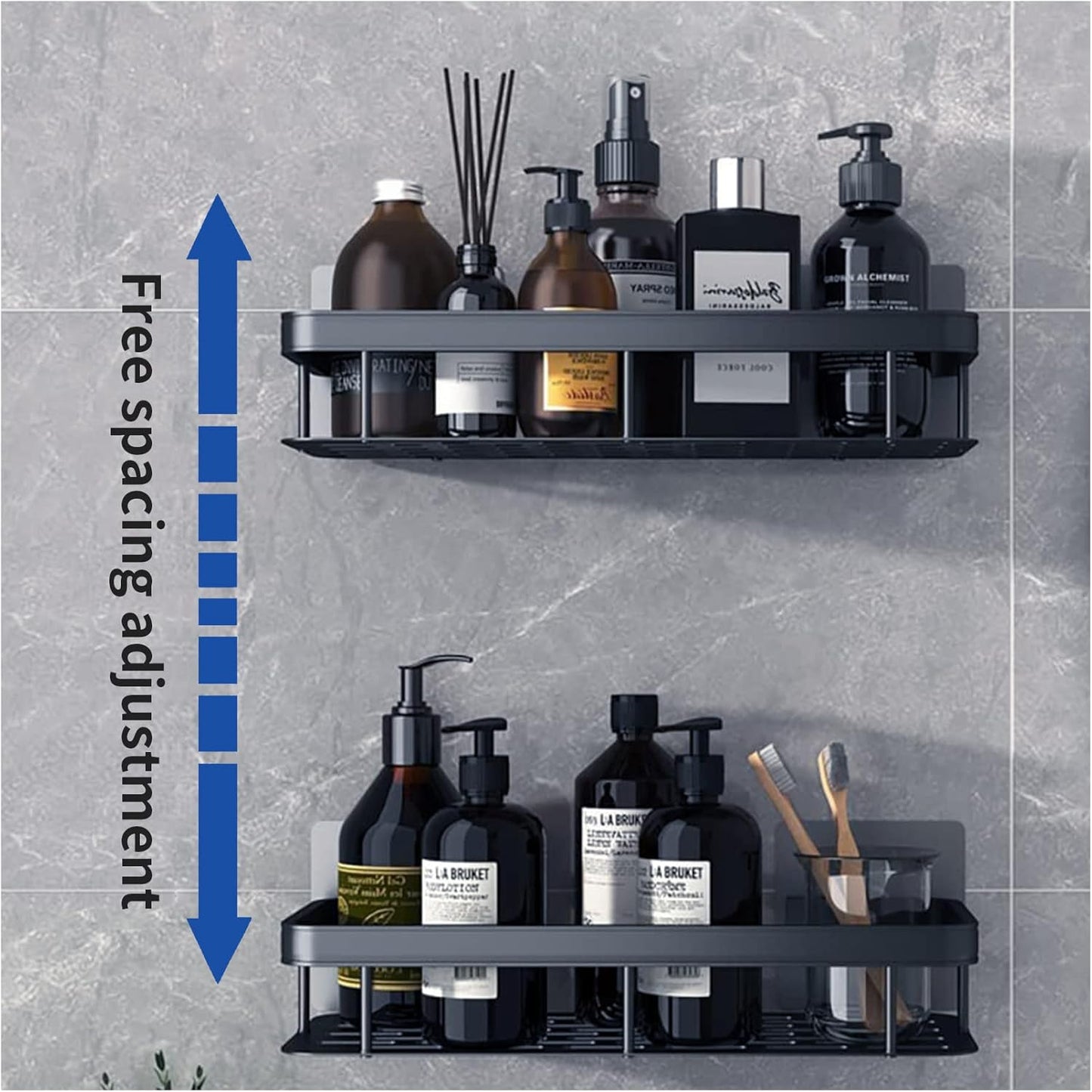 Shower Caddy Shelf Organizer Rack - 2 Pack Self-Adhesive Black Bathroom Shelves with Hooks