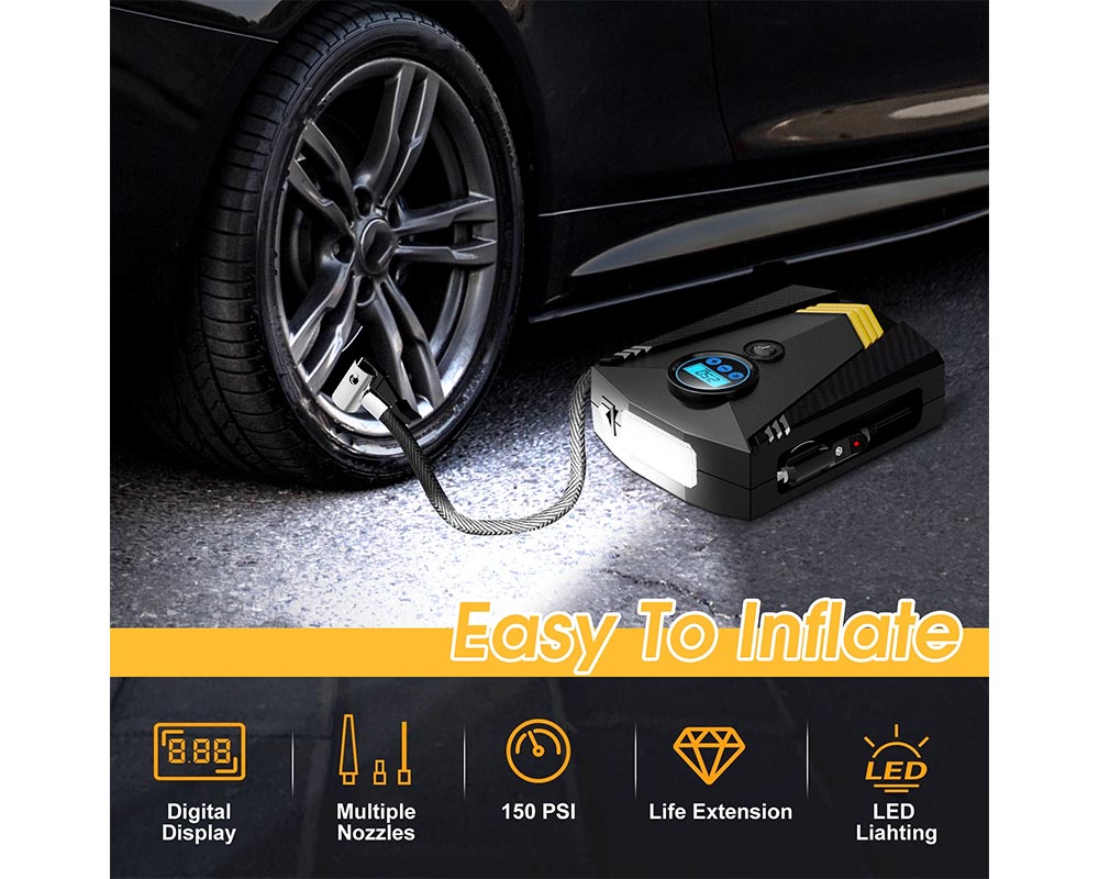 Tire Inflator, Portable Air Compressor for Car – Auto Air Pump with LED Light Gauge