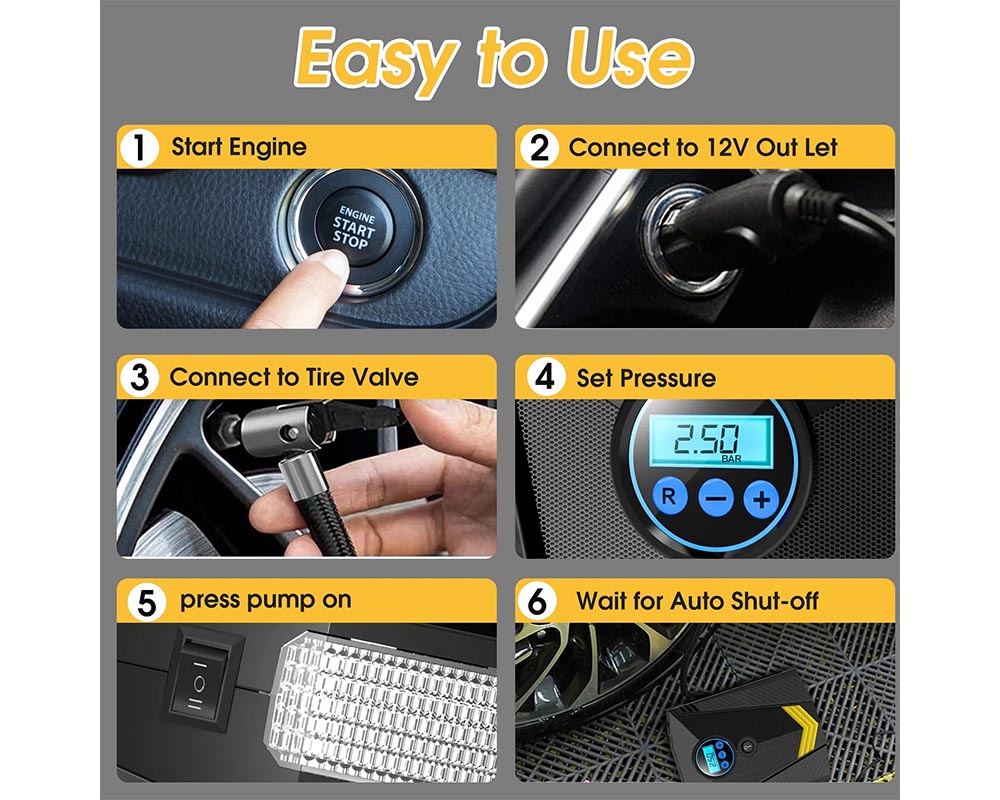 Tire Inflator, Portable Air Compressor for Car – Auto Air Pump with LED Light Gauge
