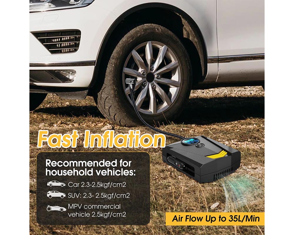 Tire Inflator, Portable Air Compressor for Car – Auto Air Pump with LED Light Gauge