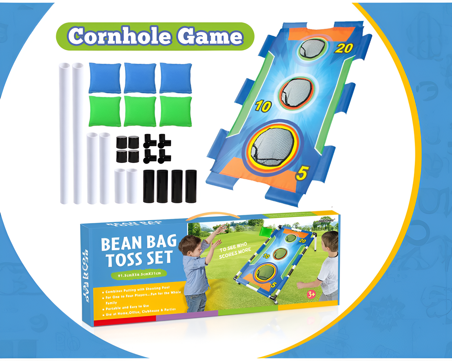 Cornhole Board Game Set – Portable 3 Hole Beanbag Toss Game Indoor Outdoor