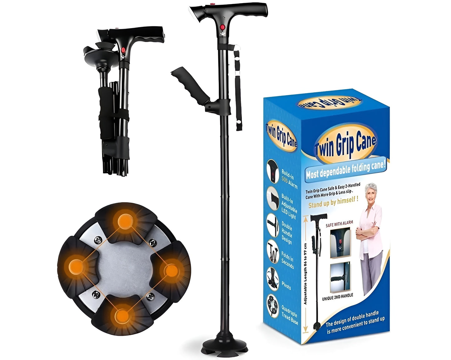 Double Handle Cane with Alarm LED Light Adjustable Walking Stick for Elderly