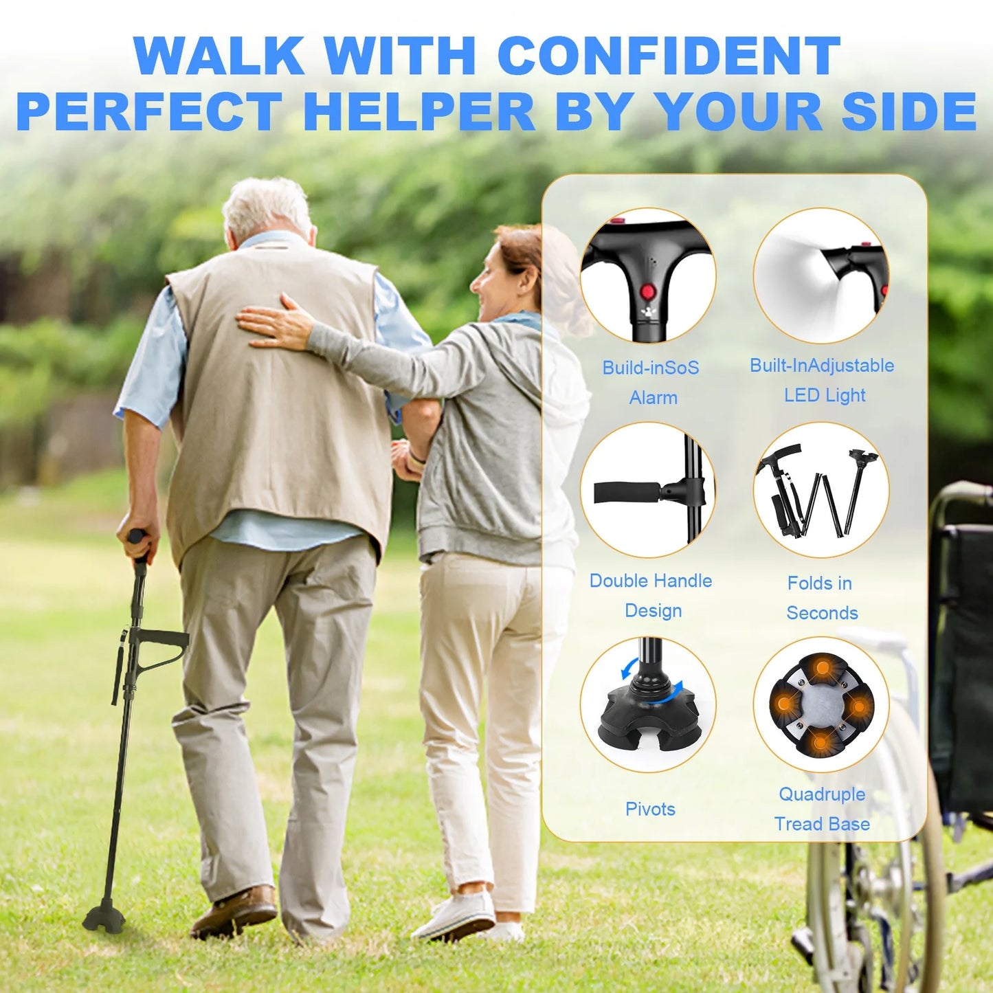 Double Handle Cane with Alarm LED Light Adjustable Walking Stick for Elderly