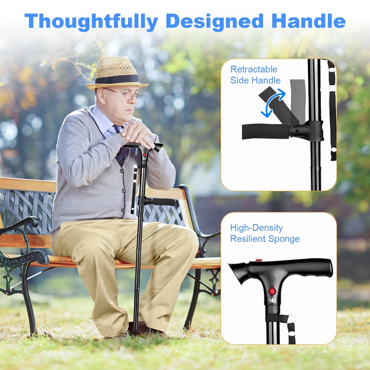 Double Handle Cane with Alarm LED Light Adjustable Walking Stick for Elderly