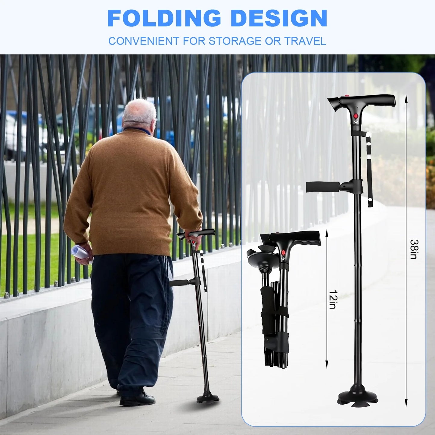 Double Handle Cane with Alarm LED Light Adjustable Walking Stick for Elderly