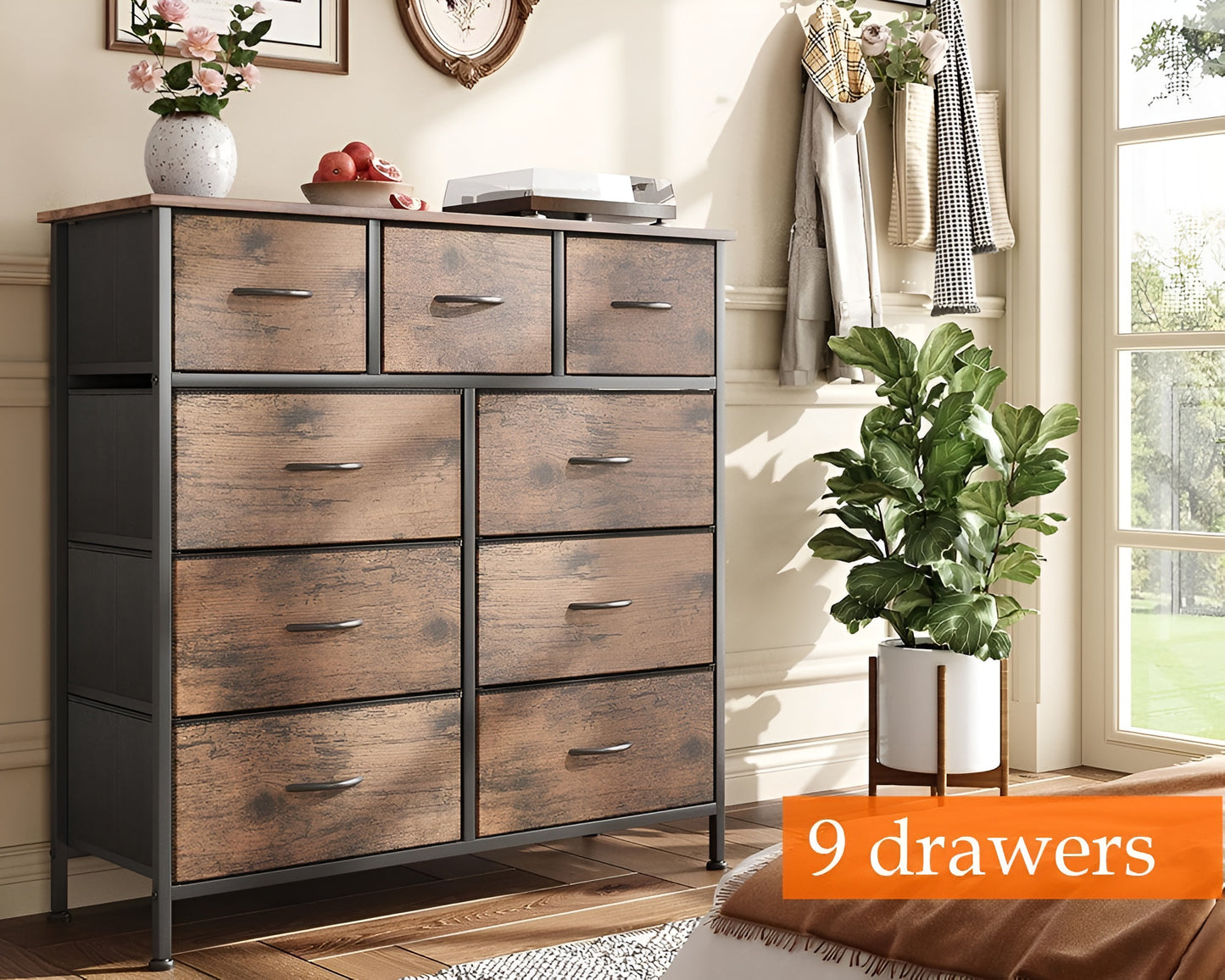 9-Drawer Dresser, Fabric Storage Dresser for Bedroom, Closet, Entryway, Tall Chest Organizer Unit with Fabric Bins, Sturdy Frame, Easy Pull Handles Wooden Top, Rustic Brown