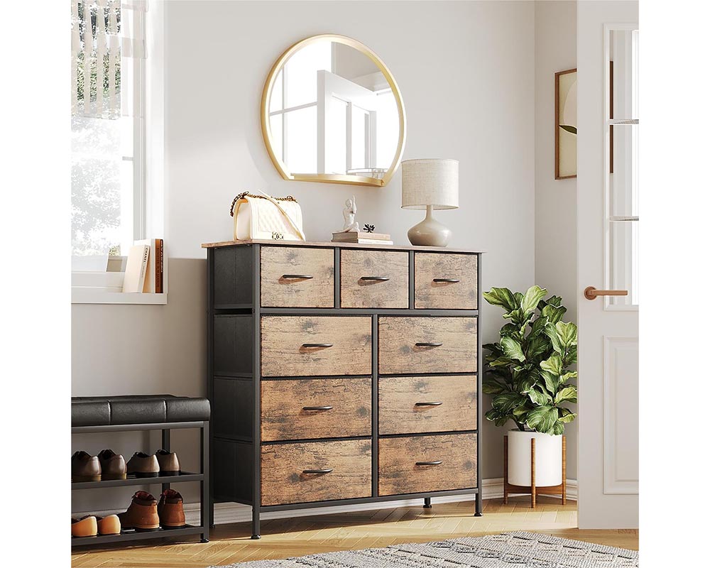 9-Drawer Dresser, Fabric Storage Dresser for Bedroom, Closet, Entryway, Tall Chest Organizer Unit with Fabric Bins, Sturdy Frame, Easy Pull Handles Wooden Top, Rustic Brown
