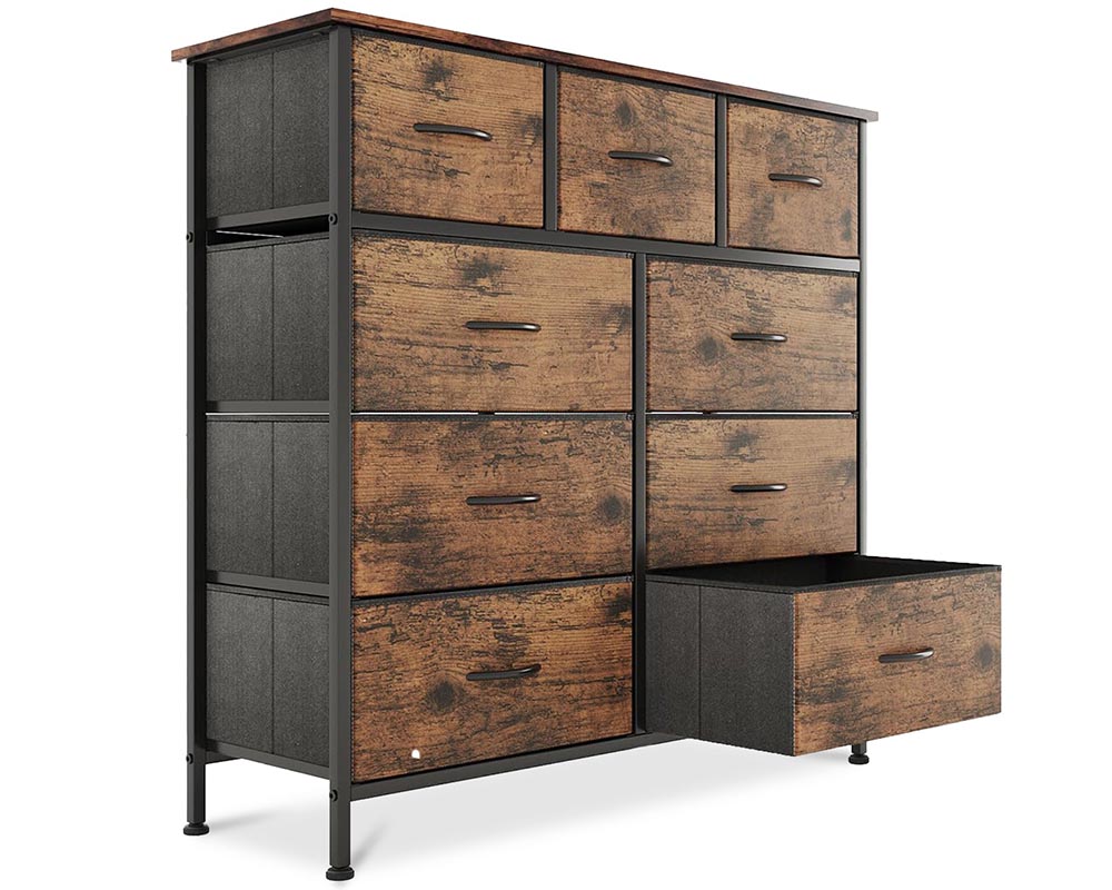 9-Drawer Dresser, Fabric Storage Dresser for Bedroom, Closet, Entryway, Tall Chest Organizer Unit with Fabric Bins, Sturdy Frame, Easy Pull Handles Wooden Top, Rustic Brown