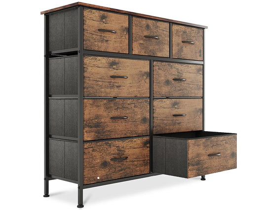 9-Drawer Dresser, Fabric Storage Dresser for Bedroom, Closet, Entryway, Tall Chest Organizer Unit with Fabric Bins, Sturdy Frame, Easy Pull Handles Wooden Top, Rustic Brown