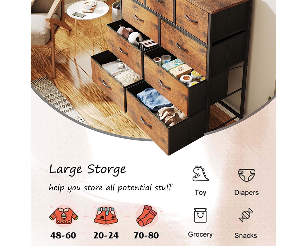 9-Drawer Dresser, Fabric Storage Dresser for Bedroom, Closet, Entryway, Tall Chest Organizer Unit with Fabric Bins, Sturdy Frame, Easy Pull Handles Wooden Top, Rustic Brown