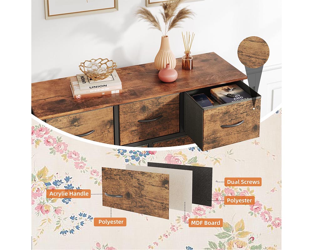 9-Drawer Dresser, Fabric Storage Dresser for Bedroom, Closet, Entryway, Tall Chest Organizer Unit with Fabric Bins, Sturdy Frame, Easy Pull Handles Wooden Top, Rustic Brown