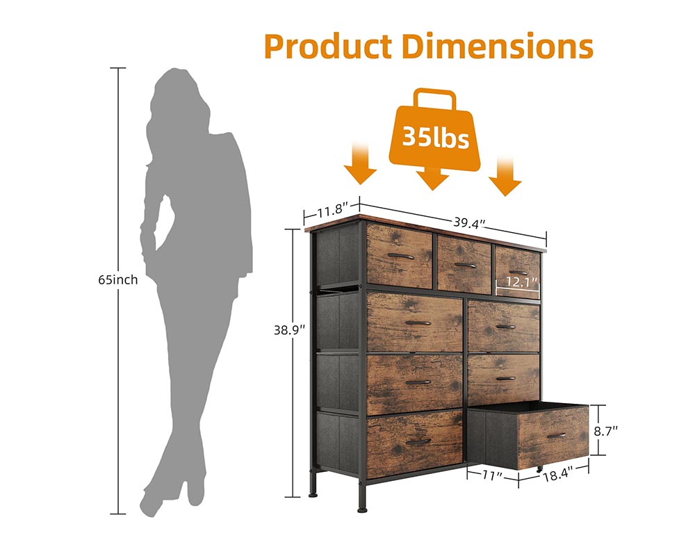 9-Drawer Dresser, Fabric Storage Dresser for Bedroom, Closet, Entryway, Tall Chest Organizer Unit with Fabric Bins, Sturdy Frame, Easy Pull Handles Wooden Top, Rustic Brown