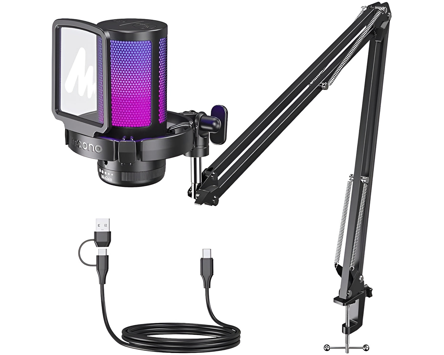 MAONO Gaming USB Microphone with RGB, Noise Cancellation & Boom Arm