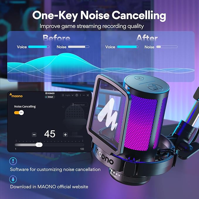 MAONO Gaming USB Microphone with RGB, Noise Cancellation & Boom Arm