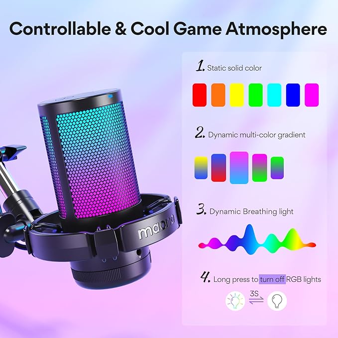 MAONO Gaming USB Microphone with RGB, Noise Cancellation & Boom Arm