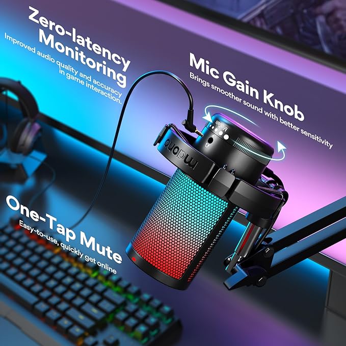 MAONO Gaming USB Microphone with RGB, Noise Cancellation & Boom Arm
