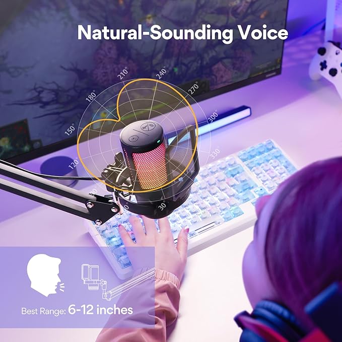 MAONO Gaming USB Microphone with RGB, Noise Cancellation & Boom Arm