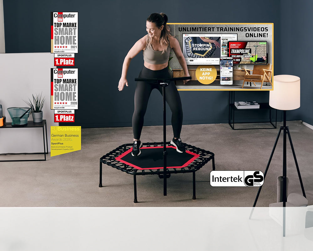 51-Inch Indoor Trampoline with Height Adjustable Bar – Red Rebounder for Home Fitness