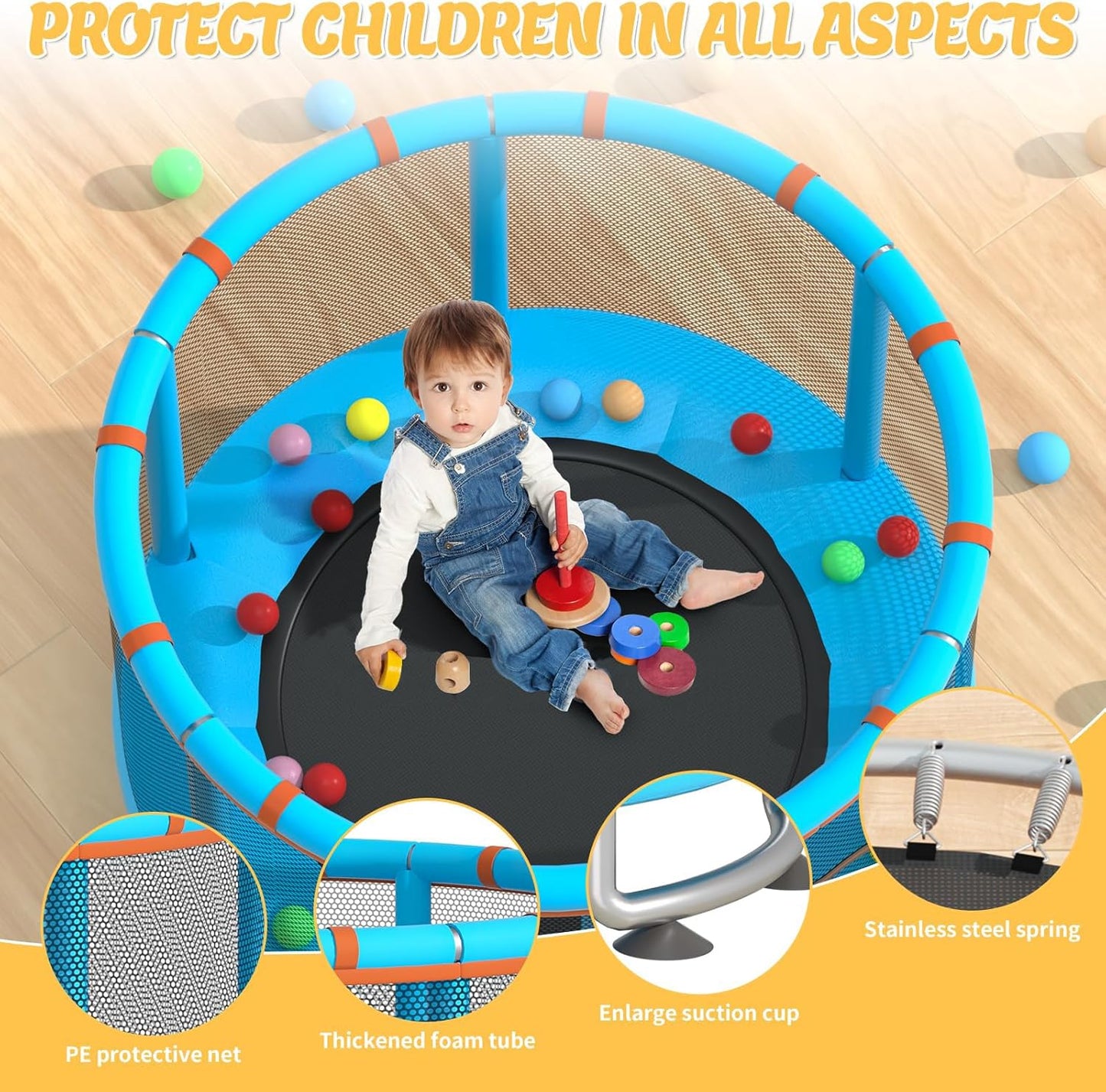 1.2m Children's Trampoline with 360-Degree Circular Armrest & Horizontal Bar – Indoor & Outdoor Fun