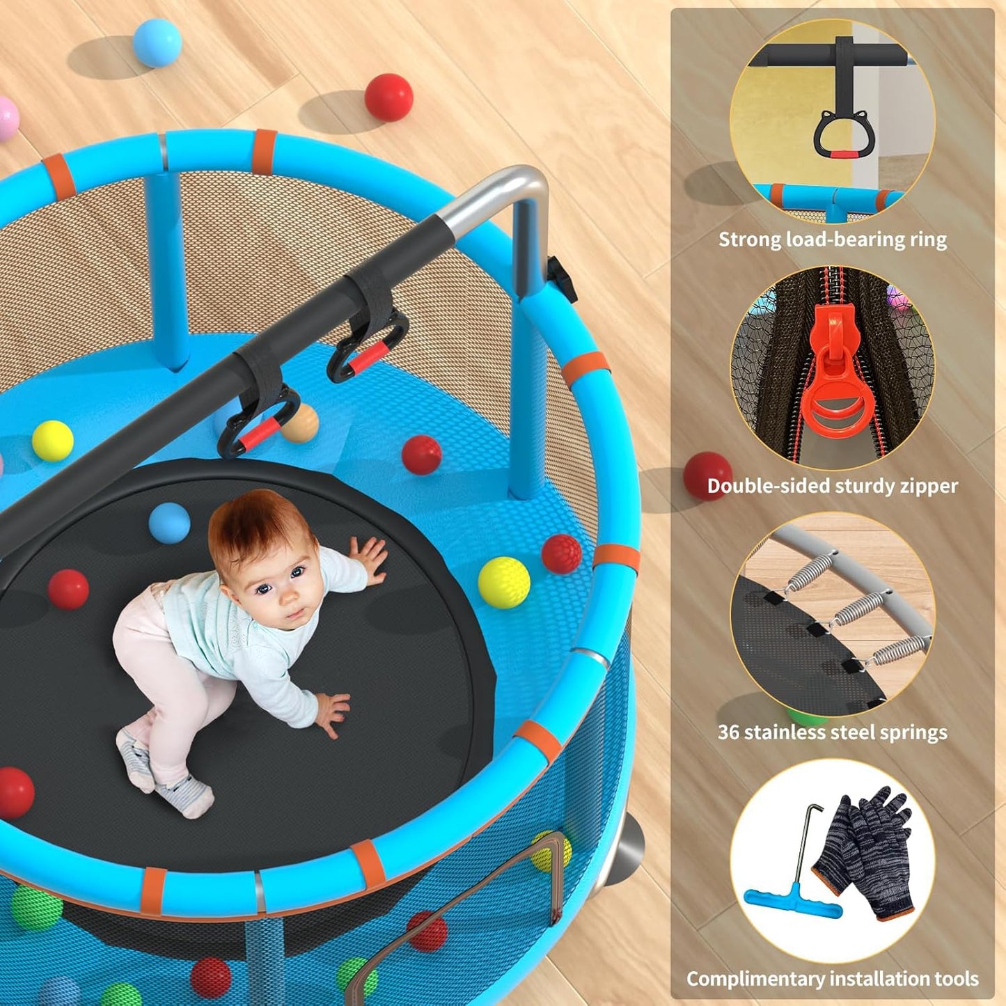 1.2m Children's Trampoline with 360-Degree Circular Armrest & Horizontal Bar – Indoor & Outdoor Fun