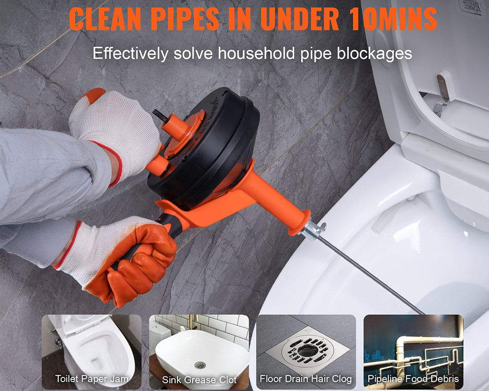 Drain Auger 25ft 1/4in Drum Plumbing Drain Snake Clog Remover