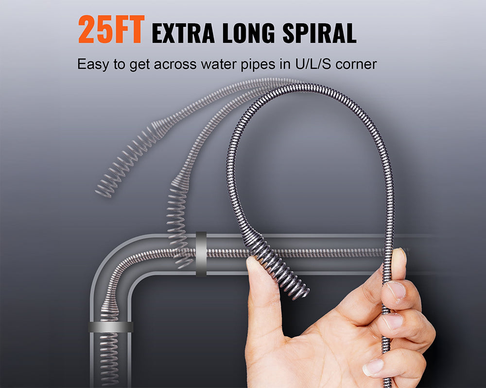 Drain Auger 25ft 1/4in Drum Plumbing Drain Snake Clog Remover