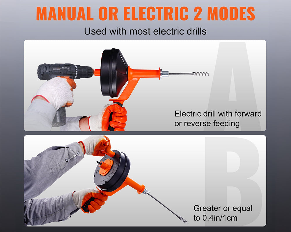 Drain Auger 25ft 1/4in Drum Plumbing Drain Snake Clog Remover