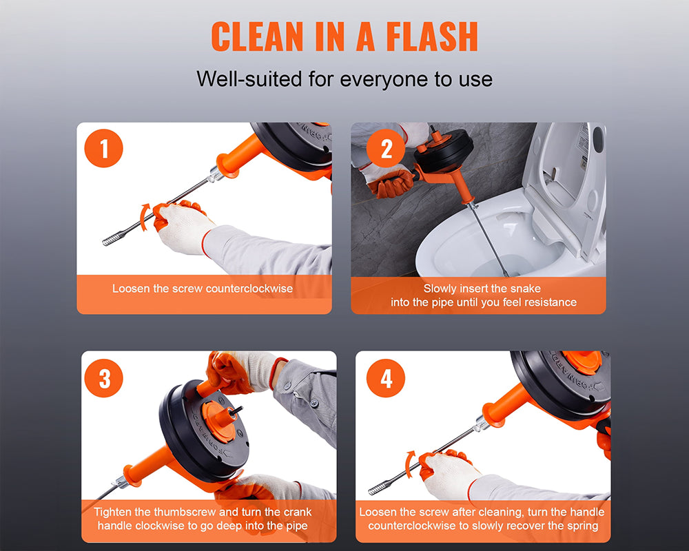 Drain Auger 25ft 1/4in Drum Plumbing Drain Snake Clog Remover