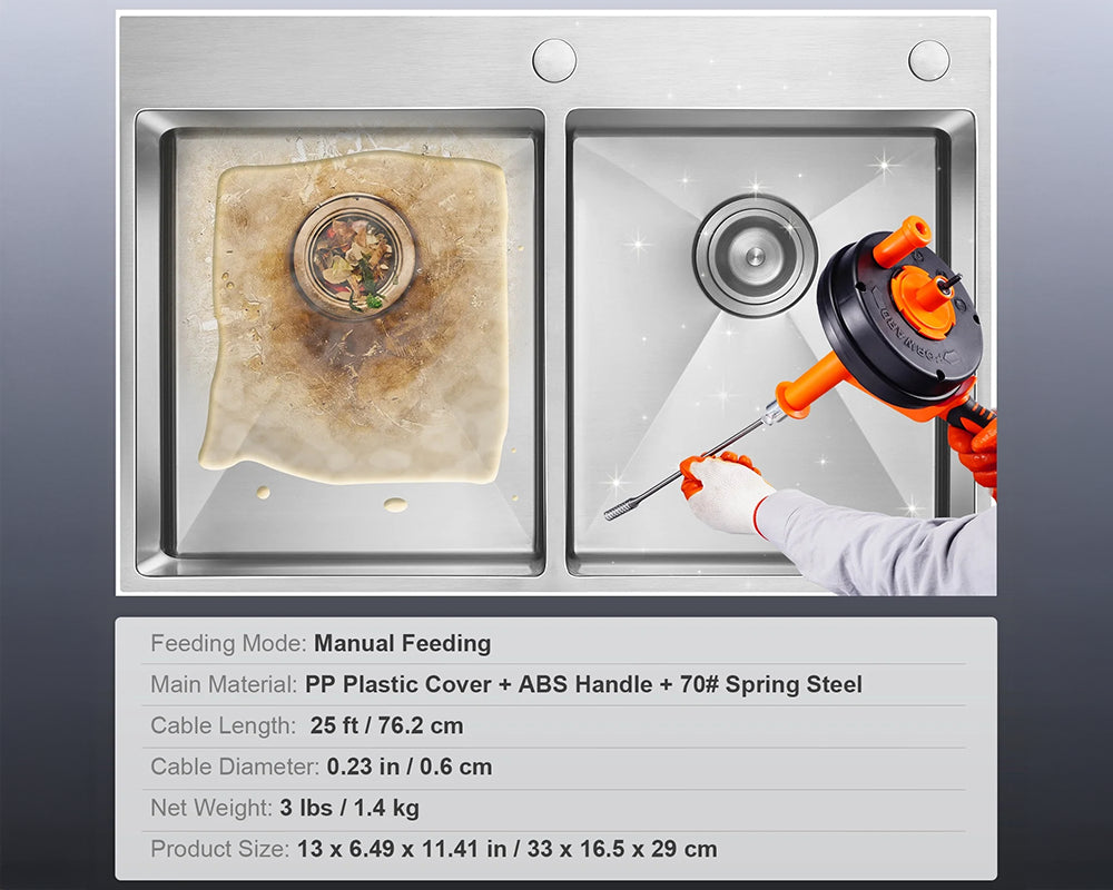 Drain Auger 25ft 1/4in Drum Plumbing Drain Snake Clog Remover