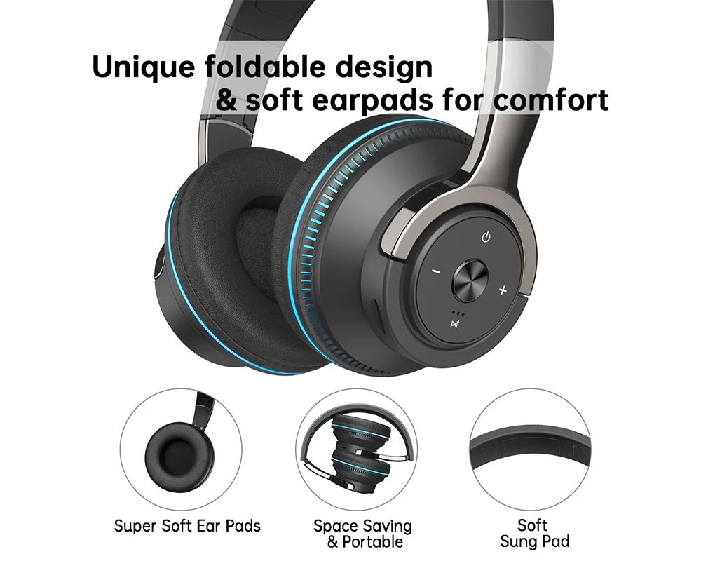 Wireless On-Ear Headphones – Upgrade Bass HiFi Stereo, Foldable, Noise-Isolating Headset with Microphone & Volume Control