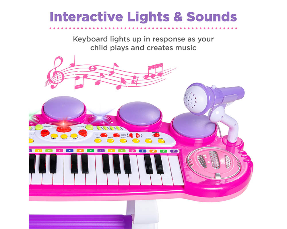Kids Electronic Piano Pink 37-Key with Microphone Stool
