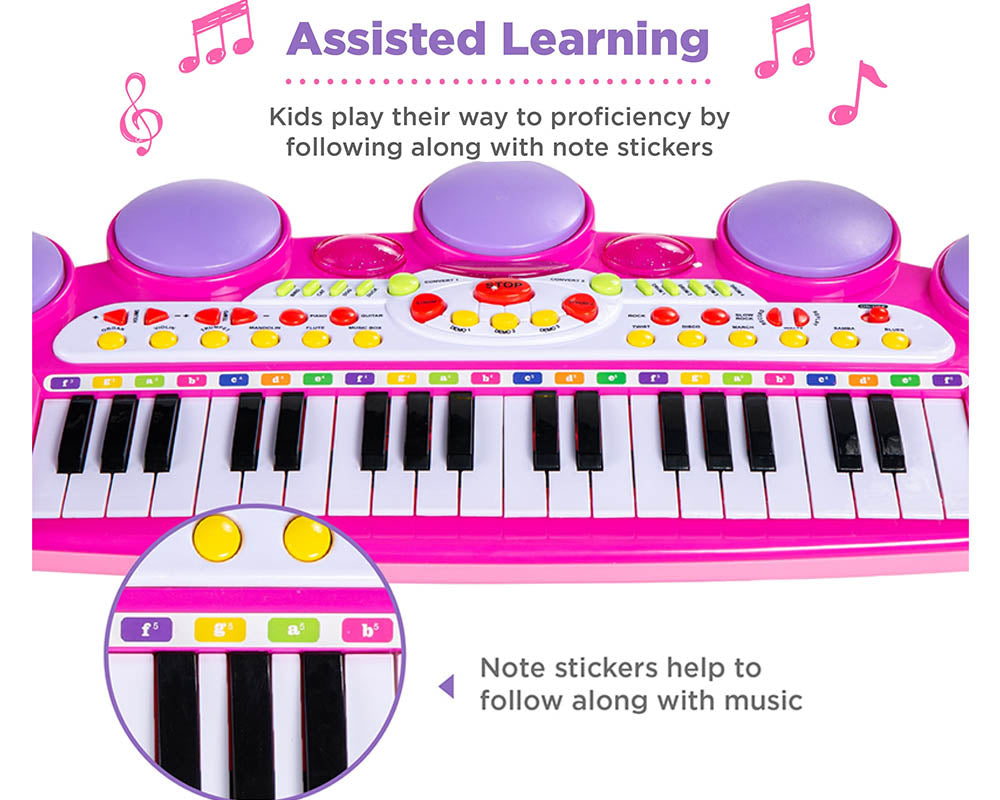 Kids Electronic Piano Pink 37-Key with Microphone Stool