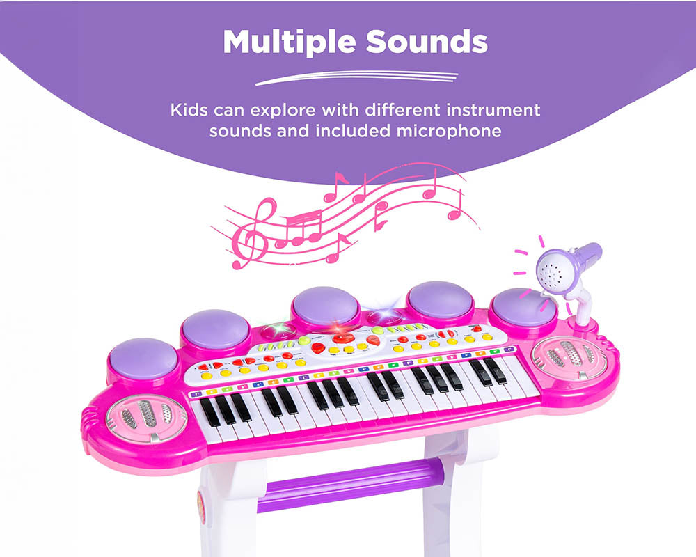 Kids Electronic Piano Pink 37-Key with Microphone Stool