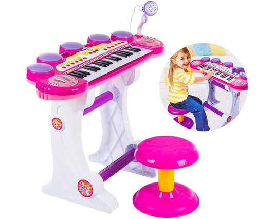 Kids Electronic Piano Pink 37-Key with Microphone Stool