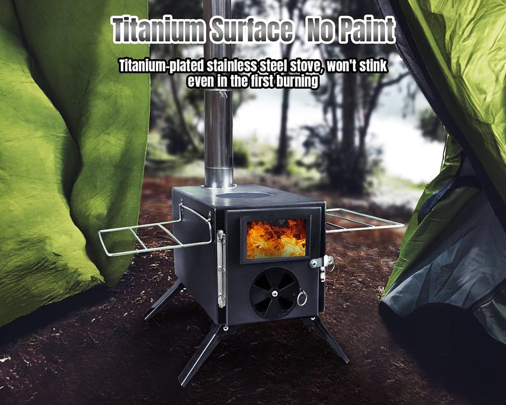 Portable Camp Wood Stove with Titanium Surface and Heat-Resistant Glass