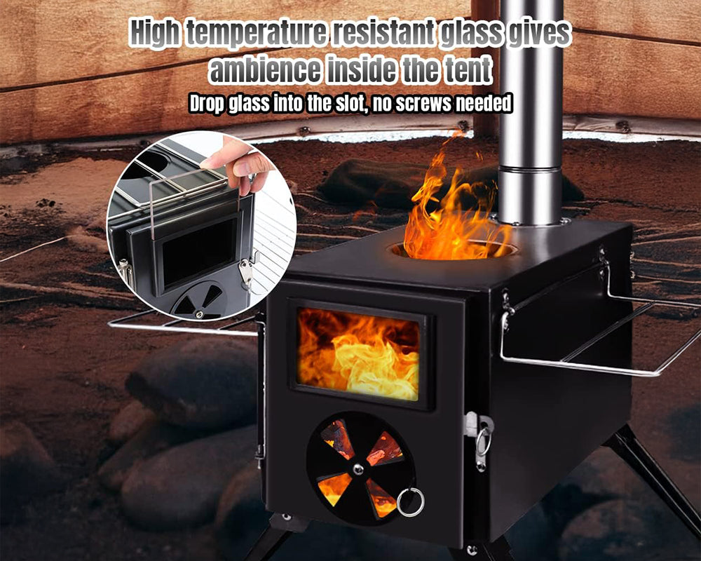 Portable Camp Wood Stove with Titanium Surface and Heat-Resistant Glass