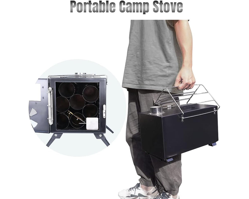 Portable Camp Wood Stove with Titanium Surface and Heat-Resistant Glass