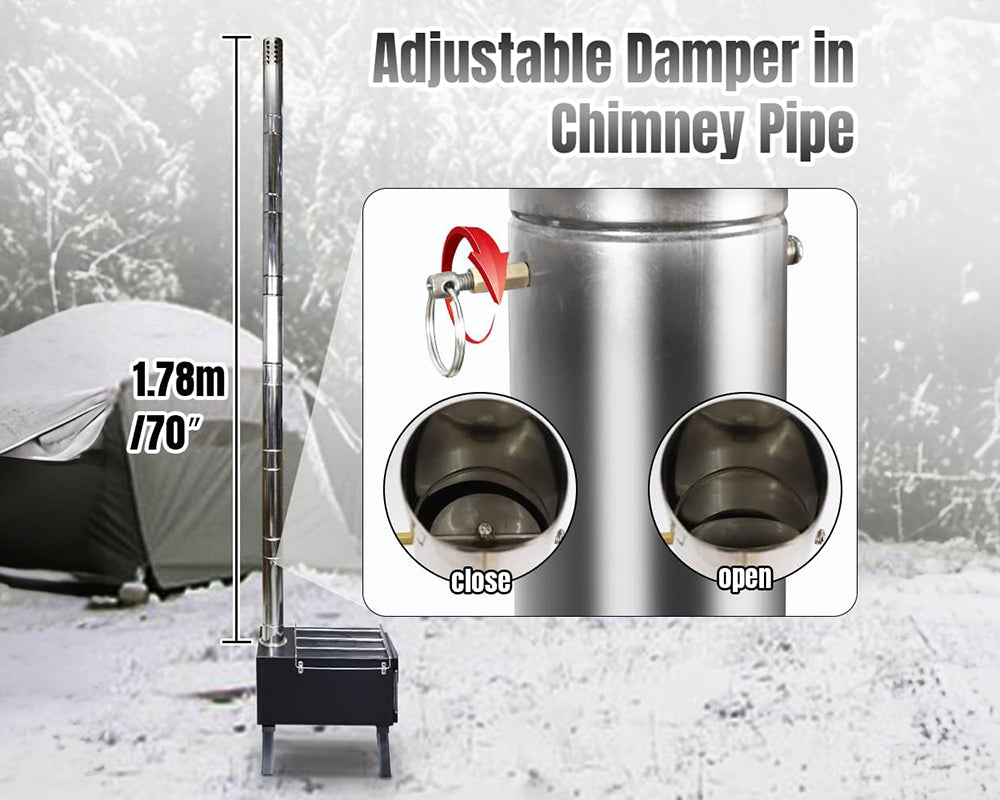Portable Camp Wood Stove with Titanium Surface and Heat-Resistant Glass