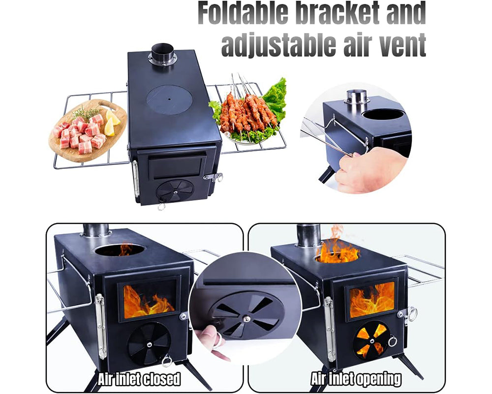 Portable Camp Wood Stove with Titanium Surface and Heat-Resistant Glass