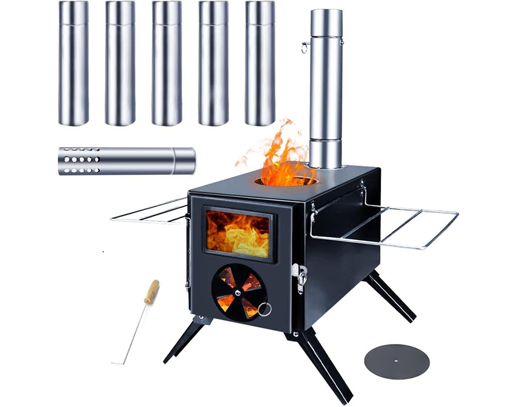 Portable Camp Wood Stove with Titanium Surface and Heat-Resistant Glass